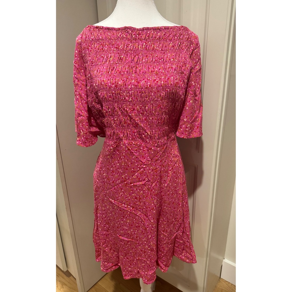 Free People Dress Midi Pink Floral Smocked Short Sleeve Women's Size L Fairycore